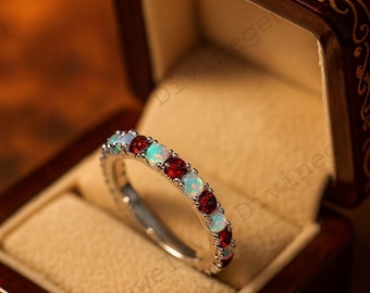 Opal Garnet 14k White Gold Wedding Band Half Eternity Matching Band For Women Stackable Ring Minimalist Jewelry Anniversary Birthday Gift