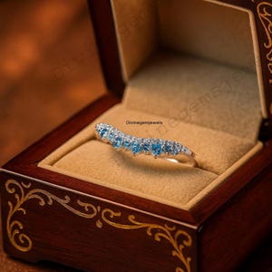 Vintage Aquamarine Curved Wedding Band 14k White Gold Moissanite Jewelry Gold Engagement Ring Blue Stone Bridal Stackable Ring Gift For Wife