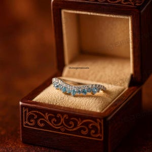 Vintage Aquamarine Curved Wedding Band 14k White Gold Moissanite Jewelry Gold Engagement Ring Blue Stone Bridal Stackable Ring Gift For Wife