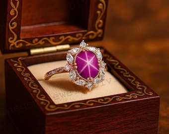 Lindy Star Gemstone Ring Unique Oval Cut Pink Star Ruby Engagement Ring Vintage Cluster Halo Diamond Ring Personalized Birthday Gift For Her