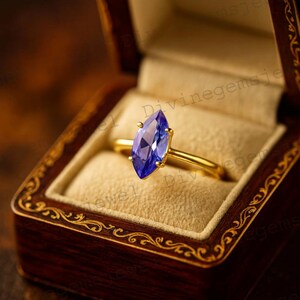 Anillo de compromiso con zafiro azul lavanda marquesa, solitario, joyería antigua, oro macizo de 14 k, anillo personalizado con engaste de garras, regalo para boda.