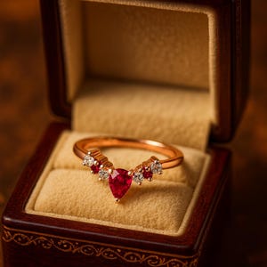 May include: A rose gold ring with a pear-shaped ruby center stone and accent diamonds, displayed in a dark wooden jewelry box with a cream-colored interior. The ring's design features a curved band.