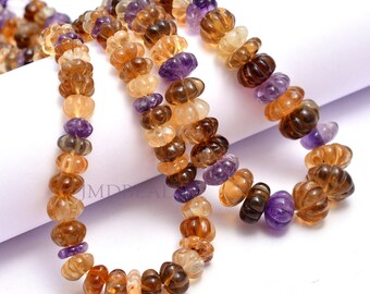 Mix Gemstone Carved Melon Beads: Citrine, Amethyst, Beer Quartz, 16 Inch, AAA Quality, Handmade Carved Melon Beads