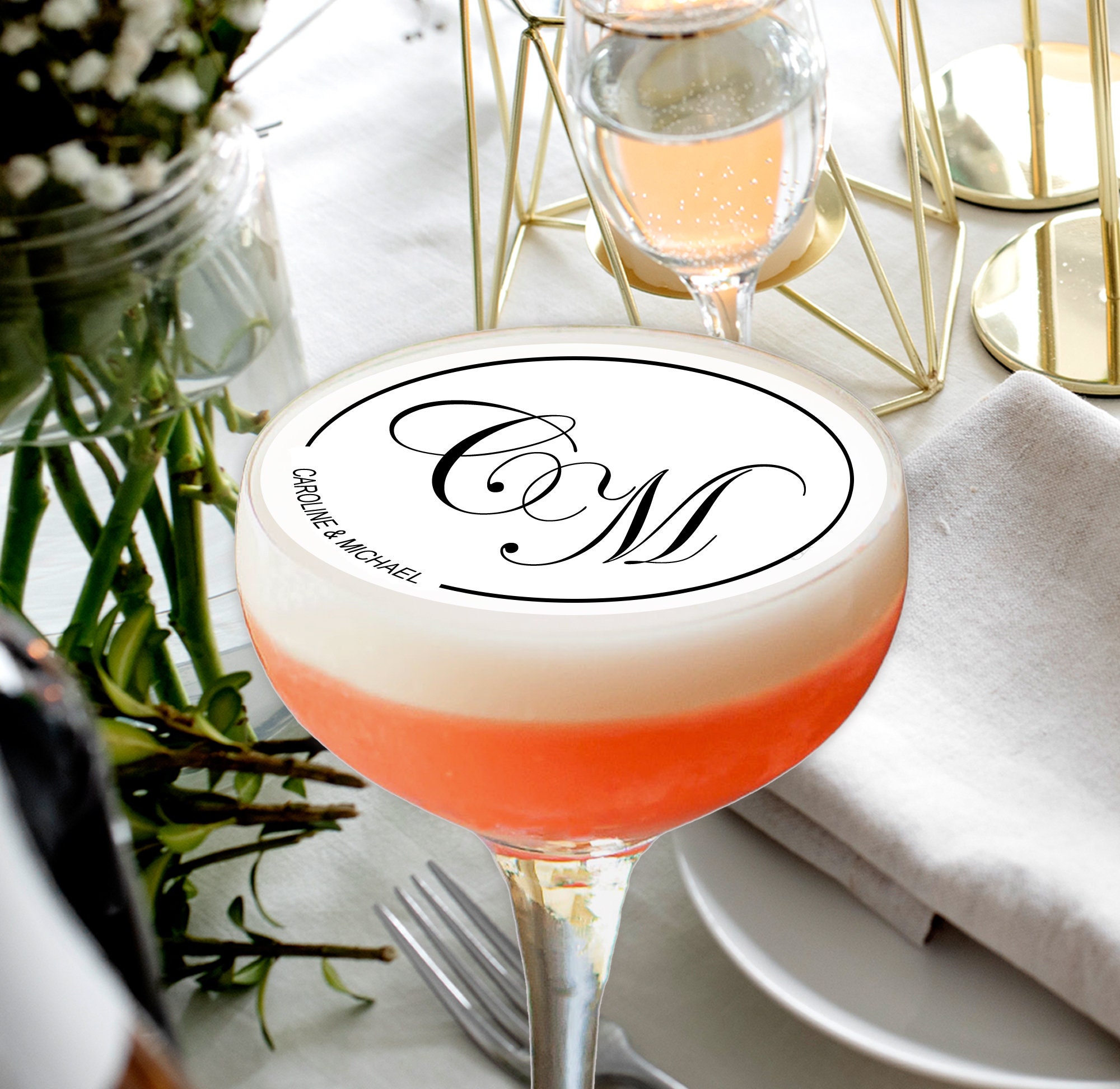 Custom Edible Drink Toppers with Wedding Couple's Initials and Names