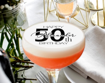 Ätbar cocktailtopper med grattis på 50-årsdagen, anpassad med namn