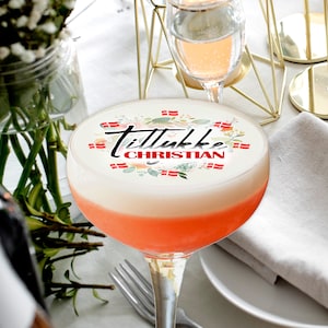 Edible Danish Flags Tillykke Cocktail Drink Topper with Custom Name