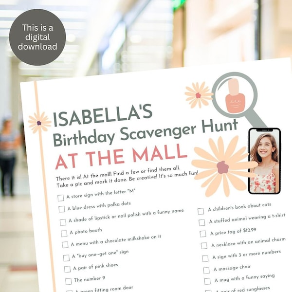 Shopping Mall Scavenger Hunt Birthday party game, low cost birthday party idea for girls 7 and up, Personalize template with name and image