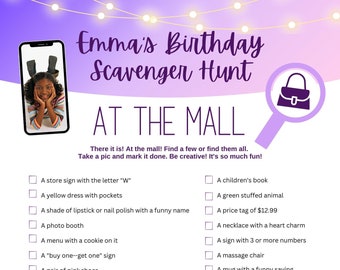 Shopping Mall Scavenger Hunt Birthday party game, low cost birthday party idea for girls 7 and up, Personalize template with name and image