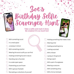 Selfie Scavenger Hunt Birthday party game, low cost birthday party idea for girls 7 and up, Personalize template with name and image