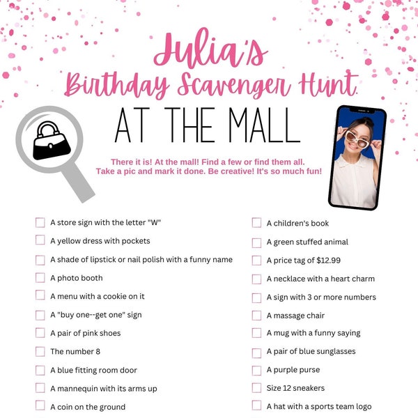 Shopping Mall Scavenger Hunt Birthday party game, low cost birthday party idea for girls 7 and up, Personalize template with name and image