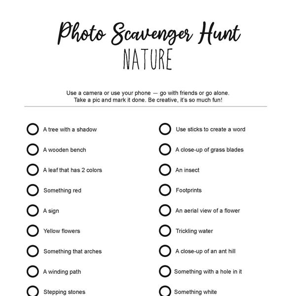 Photo Scavenger Hunt - In Nature, low cost family activity, classroom activity, youth group or scouts, outdoor fun