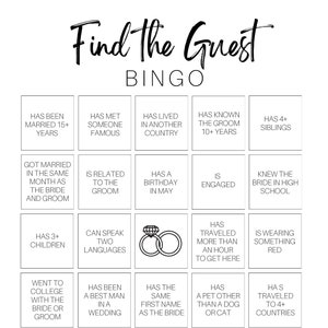 Trouvez l'invité Jeu de bingo pour mariage, jeu de douche nuptiale minimaliste, jeu de fête de fiançailles, jeu de découverte pour le dîner de répétition