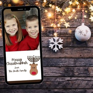 Merry Christmukkah eCard-sjabloon, digitale kerstkaart, tekstbericht, elektronisch voor Kerstmis en Chanoeka, tekst en foto/video toevoegen