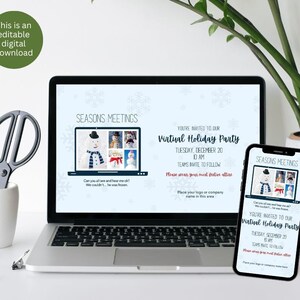 May include: A digital invitation for a virtual holiday party with a snowman theme. The invitation includes the text "You're invited to our Virtual Holiday Party" and details about the event, including the date, time, and meeting link. The invitation is designed with a blue and white snowflake background.