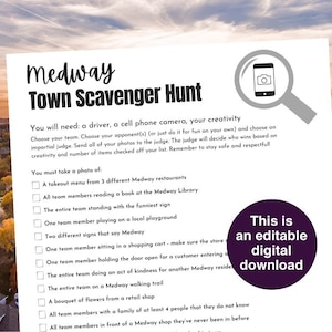 Around Your Town Scavenger Hunt, family game, challenge your friends, low cost fun, editable template to tailor to your town
