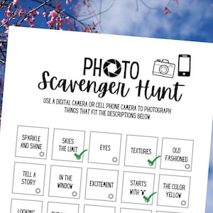 Photo Scavenger Hunt, Use Digital camera or Cell Phone to Photograph all 20 Descriptions from List, Low-Cost, Great for group contests