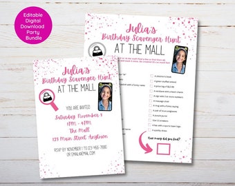 Shopping Mall Scavenger Hunt Birthday bundle, party game and matching invitation, low cost birthday party idea for girls 7 and up