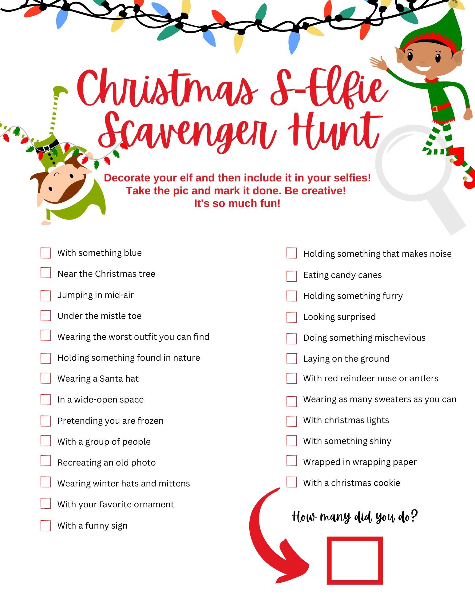 Christmas Scavenger Hunt, Color the Elf and Take Selfies, Christmas