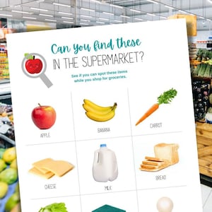 May include: A printable grocery list game for kids. The list includes images of an apple, banana, carrot, cheese, bread, and milk.
