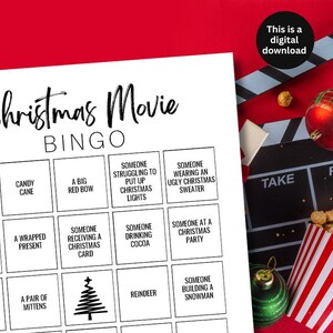 Kerstfilm BINGO-spel, Kerstplezier voor familie en vrienden, Speel BINGO tijdens de vakantiefilmavond, wordt geleverd met 5 verschillende BINGO-kaarten