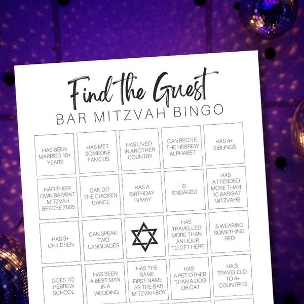 Find the Guest Bingo Bar/Bat Mitzvah game, low cost Bar Mitzvah game, Bat Mitzvah party activity, rehearsal dinner get-to-know-you game
