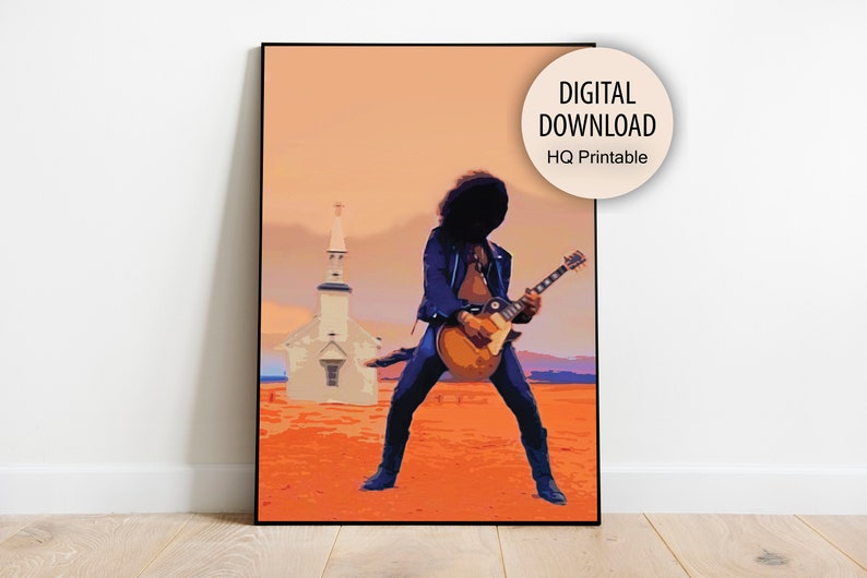 May include: A digital download of a printable poster featuring a rock musician playing a guitar in front of a church in a desert landscape. The poster is in a retro style with a faded color palette.