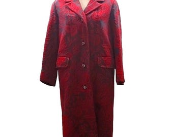 Vintage 70s Betty Rose Red and Grey Floral Tapestry Coat Brocade Women's Overcoat, Size Small