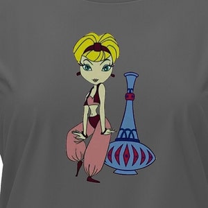 May include: A cartoon illustration of a woman with blonde hair wearing a pink and burgundy outfit standing next to a blue and red patterned vase.