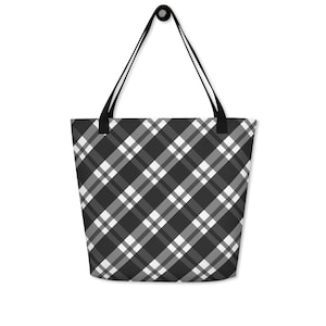 Black Plaid Beach Bag Large Tote Bag for Pool Shopping Totebag