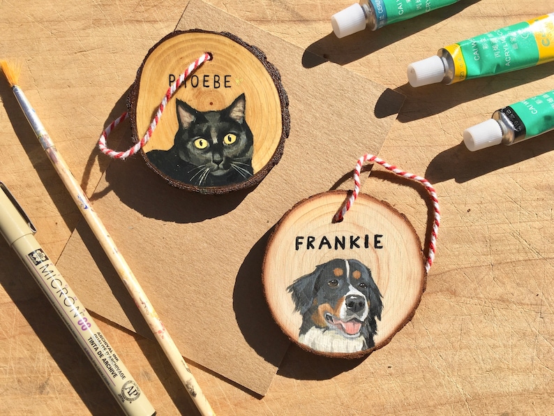 Custom Pet Portrait Ornaments Wood Slice Cat /& Dog Memorial Paintings Hand Painted Personalized Pet Art Christmas Tree Decorations