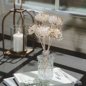 May include: A clear glass diffuser bottle with a textured surface and a gray ribbon bow. The bottle is filled with dried white flowers and sticks. The bottle is sitting on a stack of books with Korean text.