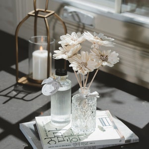 May include: A clear glass diffuser bottle with white dried flowers and wooden sticks, sitting on a stack of books. The diffuser bottle has a decorative, textured design. The books have Korean text on the cover.