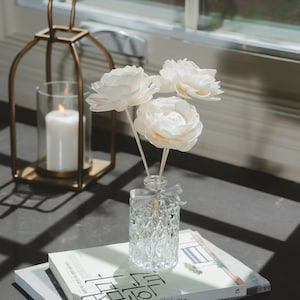 May include: White wooden flower diffuser sticks in a clear glass bottle with a textured surface. The bottle is sitting on a stack of two books with Korean text on the covers. The diffuser is on a dark gray surface with a gold metal lantern in the background.