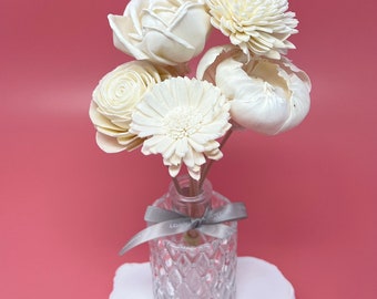 Assorted Sola Wood Flowers-All White Set | Reed Diffuser | Farmhouse Style | Scented Oils Home Frangrance| Premium Gift | Set of 5