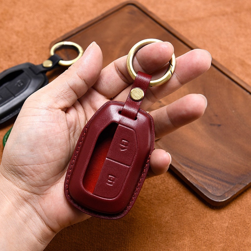 Burnt Orange and Red Leather Key Fob, Key Chain, Stainless Steel