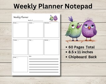 Weekly Planner Notepad 8.5 x 11 inches - 60 Sheets - Birds