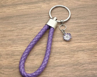 Flower Keychain - Purple Leather Keychain - Purple Flower 925 Sterling Silver Charm