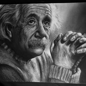May include: A detailed black and white portrait of Albert Einstein. The image shows a side profile of Einstein with his hands clasped. His hair is white and unkempt, and he has a prominent mustache. The artwork is signed in the bottom right corner.