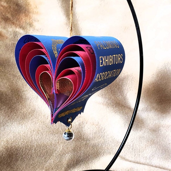 Custom made Horse Show Ribbon Heart with Horse Hair filled Globe Hanging Ornament with Stand