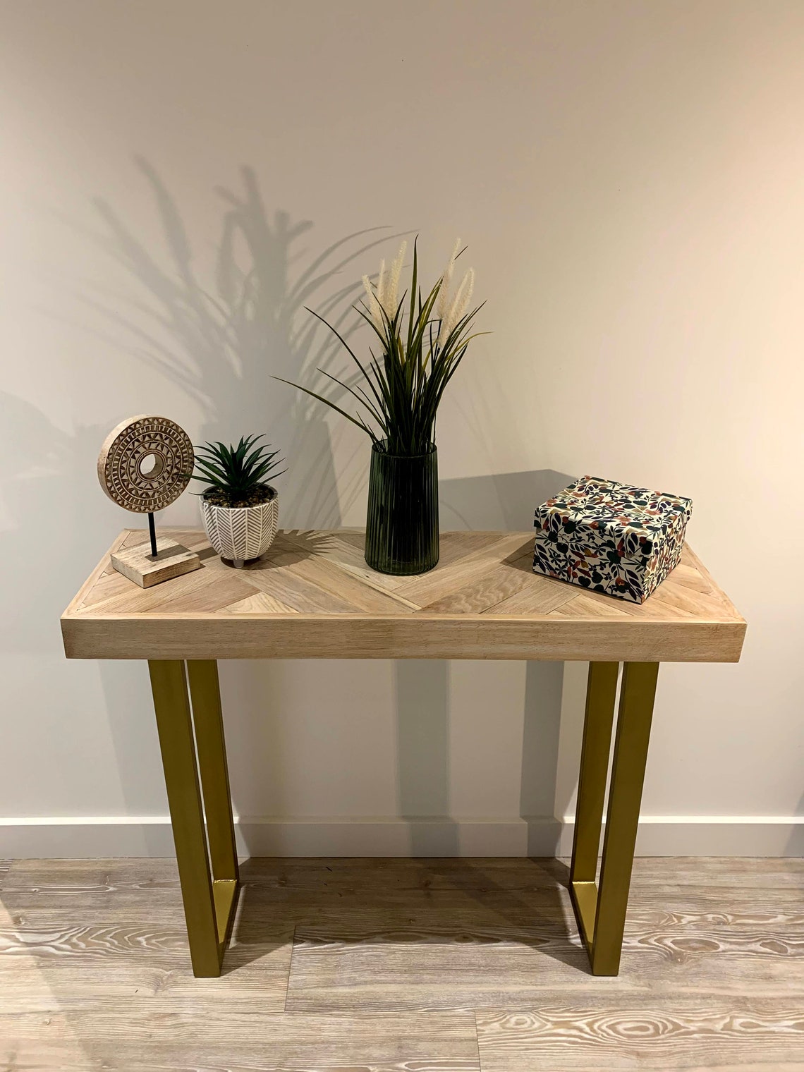 Real Oak Herringbone Console Table with Gold Legs Etsy