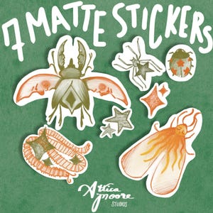 May include: A set of 7 matte stickers featuring various insects and stars. The stickers are white with colourful illustrations of a beetle, a spider, a ladybug, a moth, and three stars. The text "Matte Stickers" is written in white on a green background.