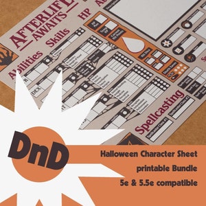 May include: A printable Dungeons and Dragons character sheet with a Halloween theme. The sheet features a spooky design with a skull and crossbones, bats, and a spider web. The text "Afterlife Awaits" is printed in red at the top of the sheet. The sheet is compatible with 5e and 5.5e editions of Dungeons and Dragons.