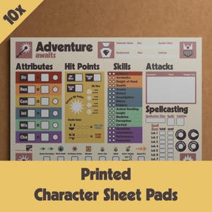 DnD キャラクターシート 10 枚印刷 - 冒険が待っています - 最適化された 5e レトロ デザイン - デジタル ダウンロードとしてトランプ テンプレートを含む