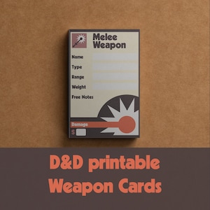 Peut inclure: Un modèle de carte d'arme imprimable D&D avec un fond brun et une carte blanche avec un motif d'étoile rouge et noir. La carte comporte des champs pour le nom, le type, la portée, le poids, les notes libres et les dégâts.