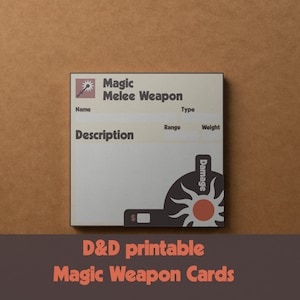 May include: A printable Dungeons and Dragons magic weapon card template. The card has fields for name, type, range, weight, description, and damage. The card is beige with a brown border and a red sun graphic.