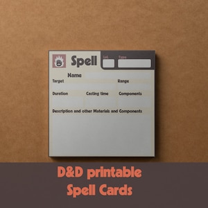 Peut inclure: Un modèle de carte de sorts imprimable pour Donjons et Dragons. La carte comporte des champs pour le nom du sort, le niveau, le type, la cible, la portée, la durée, le temps d'incantation, les composants et une zone de description.