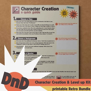 Op de afbeelding: Een afdrukbare retro-bundel getiteld "Character Creation & Level up Kit" met een snelle gids voor het maken van personages. De gids bevat secties over het kiezen van een klasse, achtergrond en soort. De afbeelding heeft een DnD-logo en tekstinstructies.
