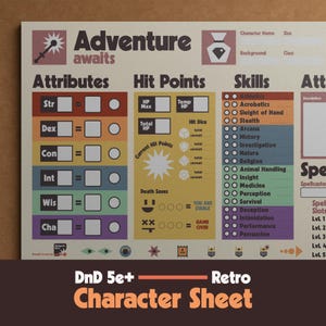 DnDキャラクターシート 冒険が待っています - 最適化されたレトロデザイン - 2024年版ダンジョンズ＆ドラゴンズ第5版と互換性あり - トランプ付き