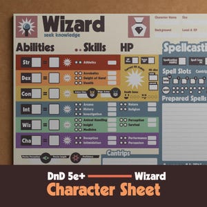DnD Wizard Character Sheet, Retro Design, compatible with 2024 5th Edition of Dungeons & Dragons. Incl. Playing Cards + Spellbook + Minis