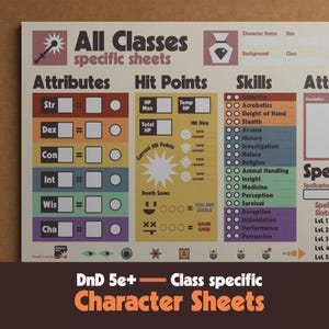 Op de afbeelding: Een karakterblad voor Dungeons and Dragons 5e+ met secties voor attributen, hitpoints en vaardigheden. Het blad bevat de tekst "All Classes specific sheets" en "Character Sheets". Het kleurenschema is voornamelijk bruin, paars en oranje.